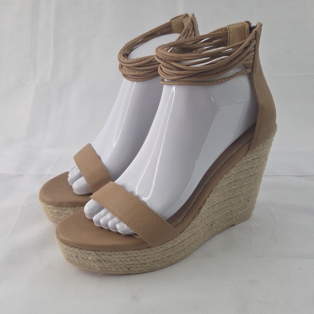 Oasis Society Wedge Sandals Womens 8.5 Tan Espadrille Ankle Wrap Zipper Back